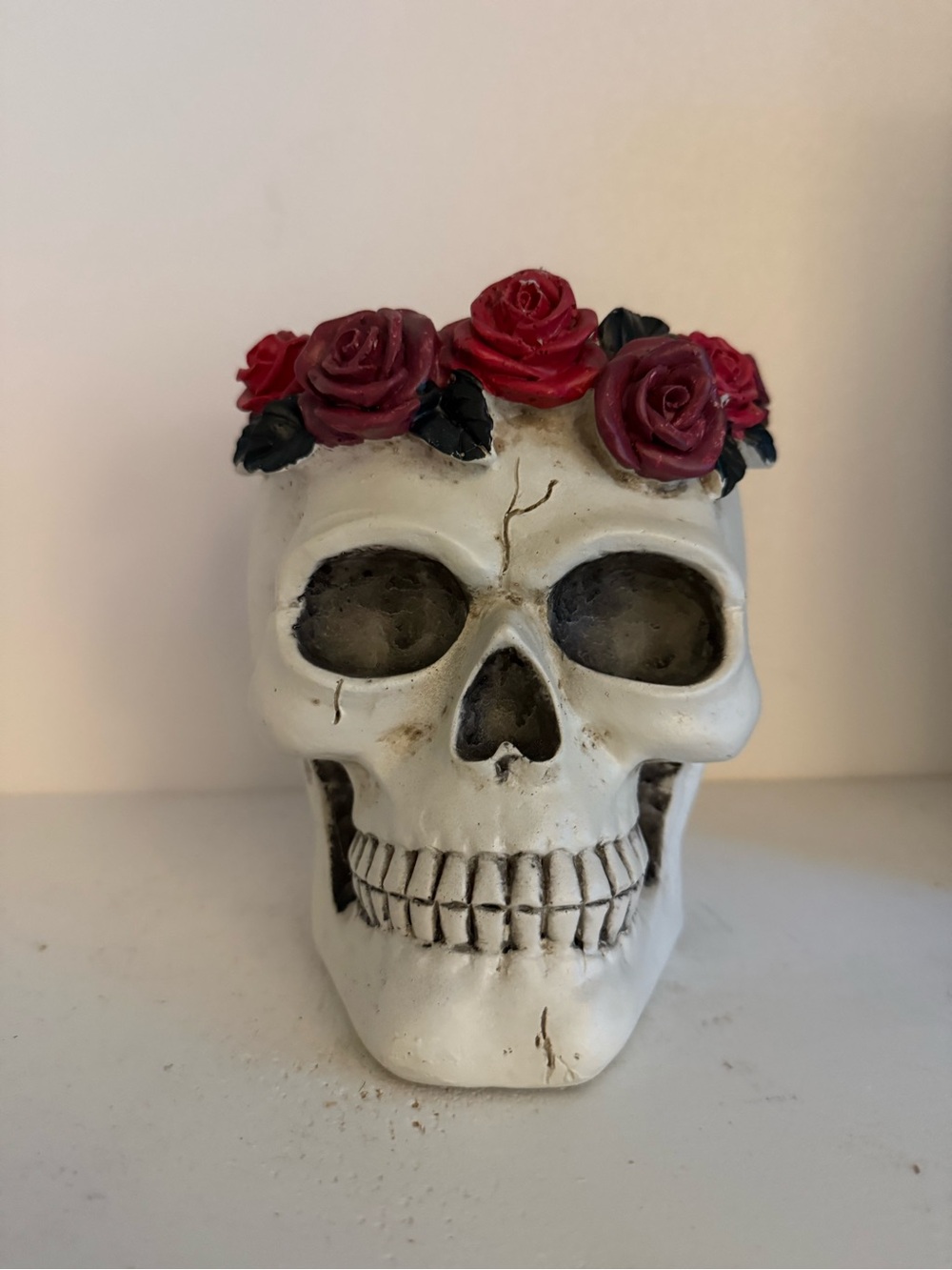 Decorative White Skull with Red Rose Crown vase - vase only